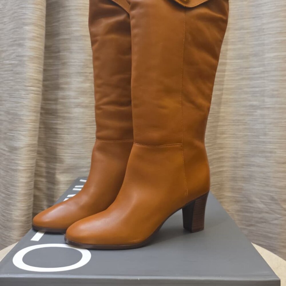 Arezzo Women's Vivian Leather Mid-Block Knee High Boots Caramel - Picture 4 of 4